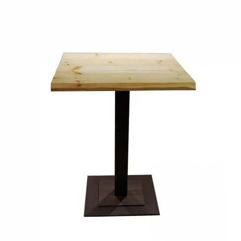 Mesa de pie central estilo rústico atemporal de pino y hierro con base cuadrada negra