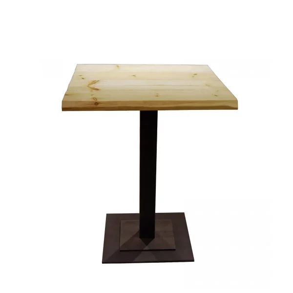 Mesa de pie central estilo rústico atemporal de pino y hierro con base cuadrada negra