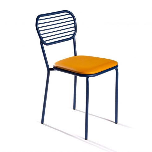 Silla de hierro azul con asiento tapizado polipiel naranja