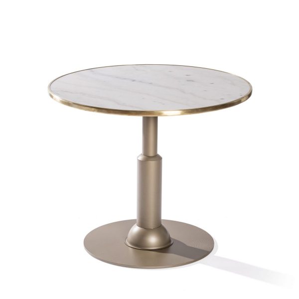 Mesa de comedor redonda de mármol blanco y dorado, base de hierro con formas geométricas