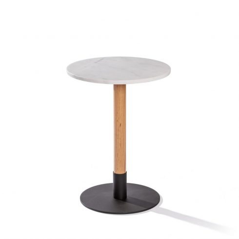 Mesa de mármol redonda de cafetería con pie de madera y hierro