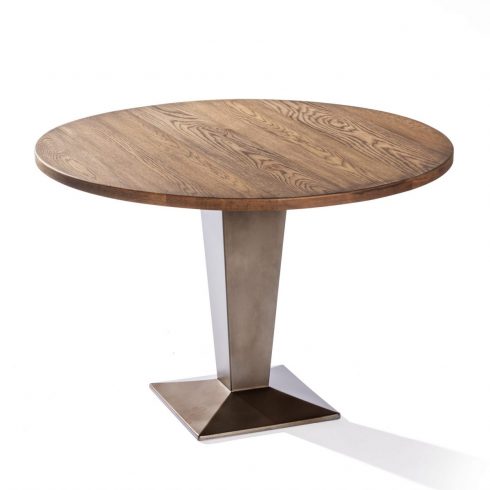 Mesa de cafetería redonda de madera maciza con pie geométrico de hierro