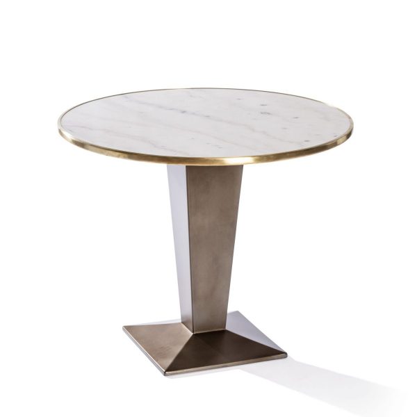 Mesa de cafetería redonda de mármol blanco con pie geométrico de hierro
