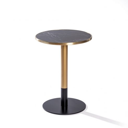 Mesa redonda de cafetería de mármol negro con aro dorado