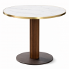 Mesa Dorica giant H75, columna de madera Ø16 cm con base de hierro Ø55 con sobre de marmol blanco + aro de laton Ø100