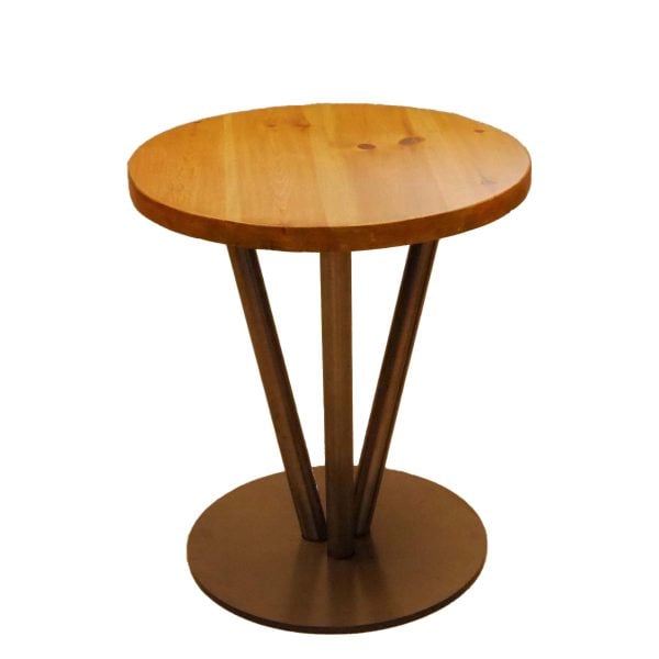 mesa redonda auxiliar de madera y pie central ramificado de hierro