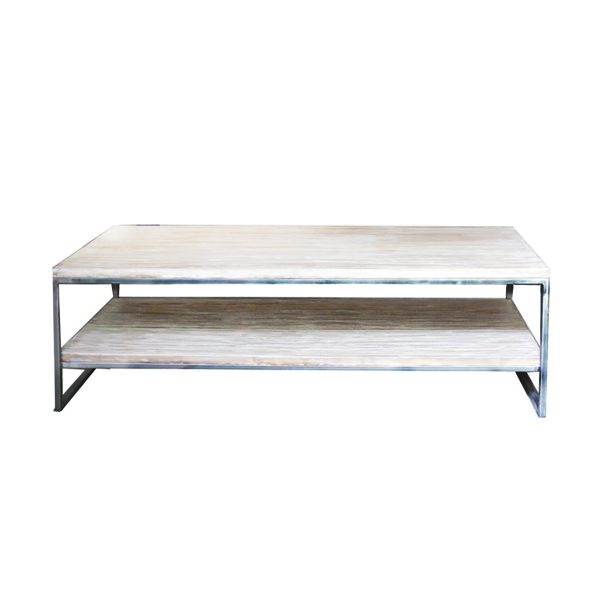 Mesa de centro estructura acero pulido con sobre y estante pino viejo patina blanca
