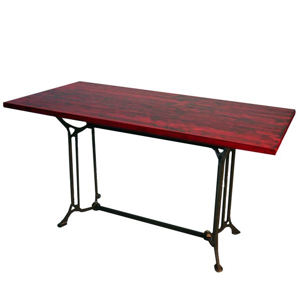 Mesa rectangular de comedor de madera decapada en rojo y patas estilo sigma