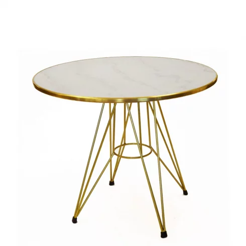 Mesa estilo nórdico de mármol blanco y canto y patas doradas