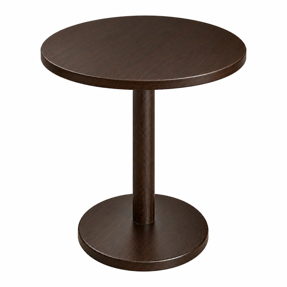 Mesa Beget H75, columna Ø7 y base redonda de madera con sobre roble boreal acabado Nut expresso