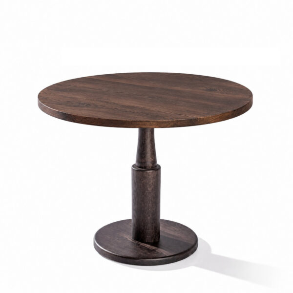 Mesa Martinet H75 columna torneada base redonda de madera con sobre roble boreal Ø80 acabado Nut expresso