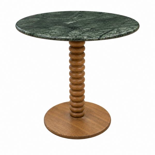 Mesa Makoa H75, columna torneada + base madera, sobre marmol verde Ø70