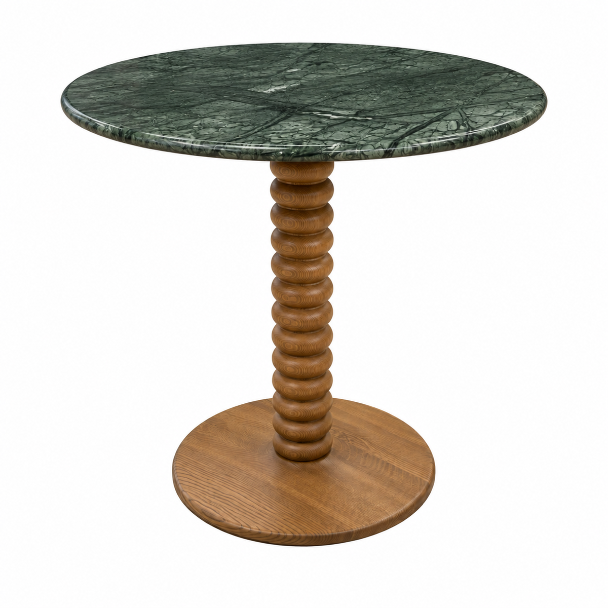 Mesa Makoa H75, columna torneada + base madera, sobre marmol verde Ø70
