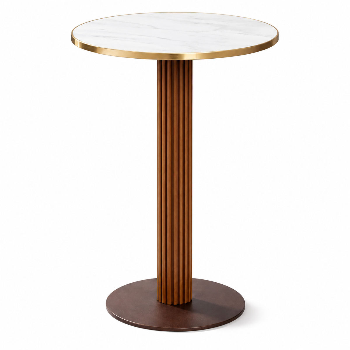 Mesa Dorica Giant H110, columna fresada Ø16+ base de hierro con sobre de marmol blanco + aro de latón Ø70