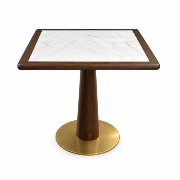 Mesa Lles Giant, columna de madera conica Ø16 con base de laton acabado nut classic y sobre de marmol blanco con marco madera 70x70