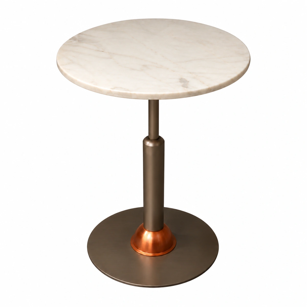 Mesa Malcontenta campana de cobre H75 con sobre de marmol blanco Ø56 canto recto