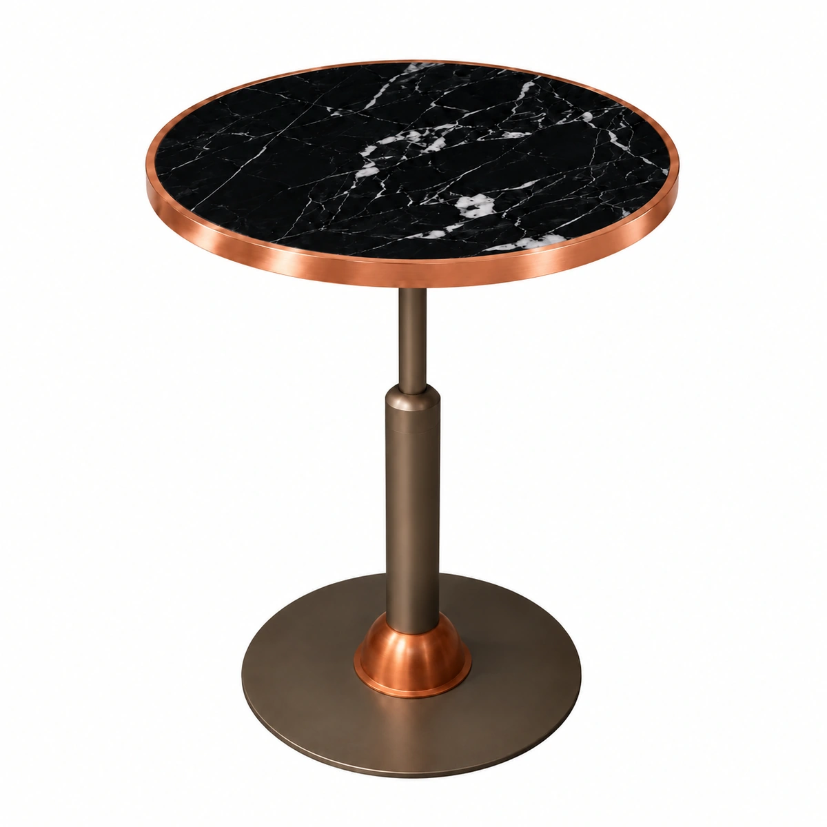 Mesa Malcontenta campana cobre H75 con sobre de marmol negro +aro cobre Ø56
