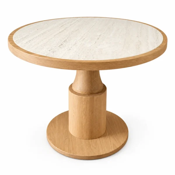 Mesa Martinet Giant H75, columna de Ø20 en roble natural, con porcelanico marmorio de Ø100 con aro de madera roble natural
