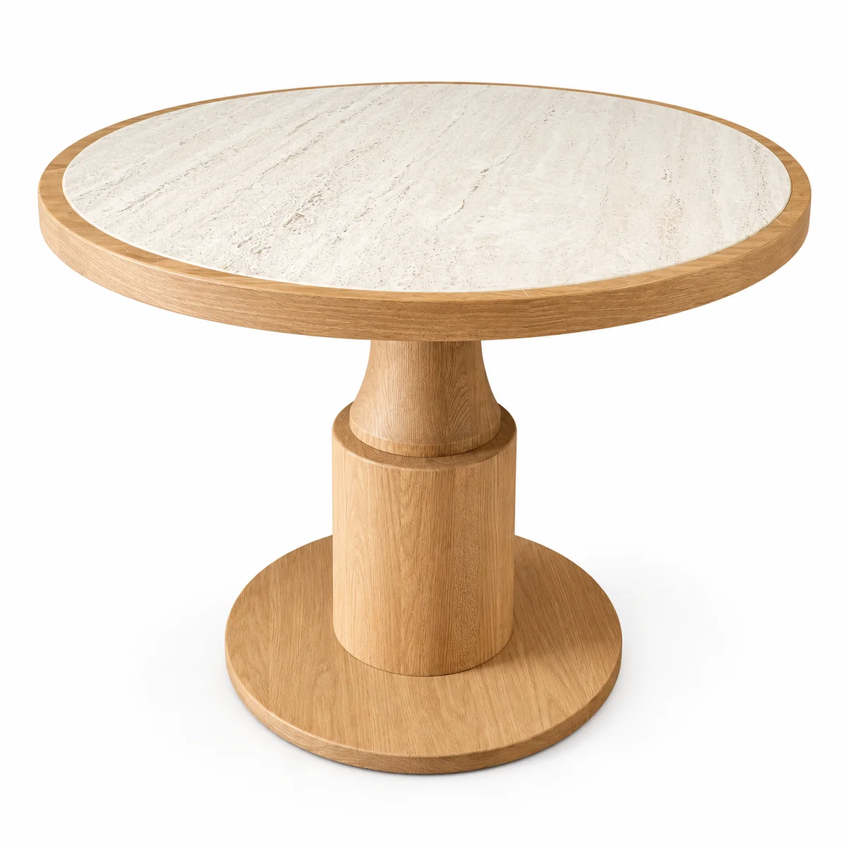 Mesa Martinet Giant H75, columna de Ø20 en roble natural, con porcelanico marmorio de Ø100 con aro de madera roble natural